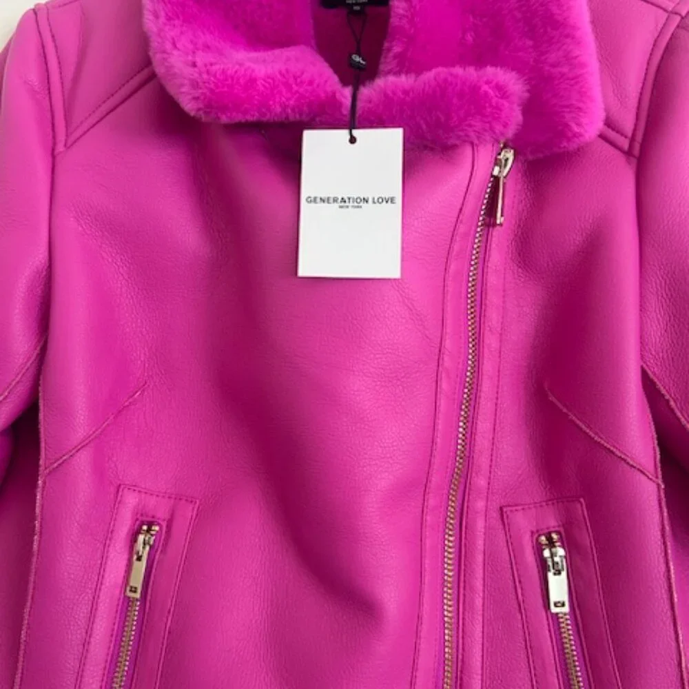 Generation Love Dion Hot Pink Faux Fur Shearling Zip Buckle Moto Jacket NWT XS - Picture 5 of 16